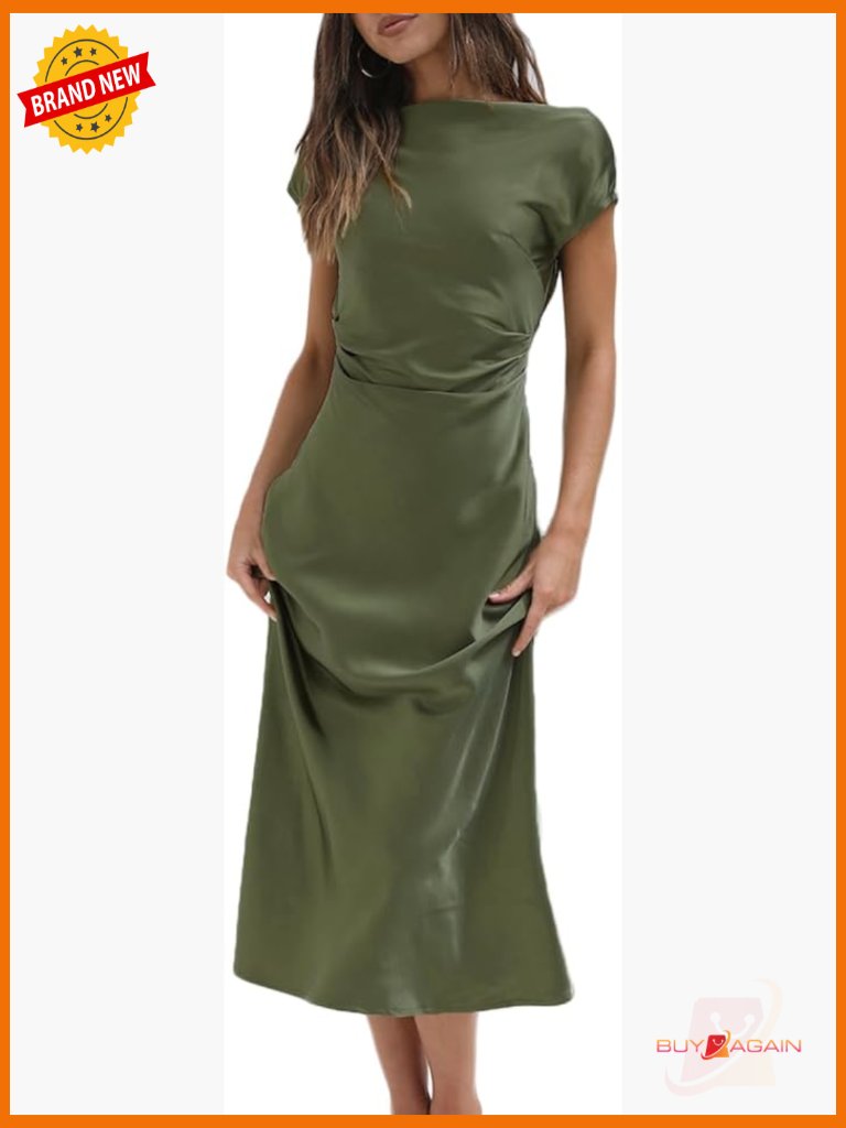 Cap Sleeve Cowl Back Midi Dress Elegant Satin Wedding Guest Dress